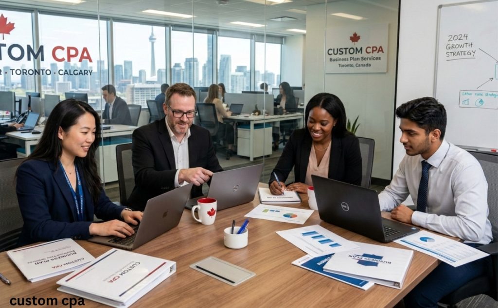 Custom CPA, business plan services team working in the office in, Canada