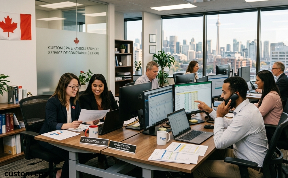 Custom CPA, payroll services team working in the office, Canada