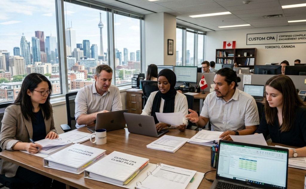 Custom CPA, Certified compilation engagement specialists team working in the office, Canada