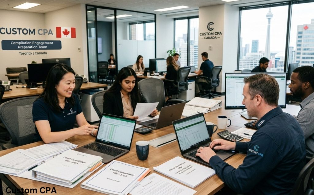 Custom CPA, Compilation Engagement Preparation team working in the office, Canada
