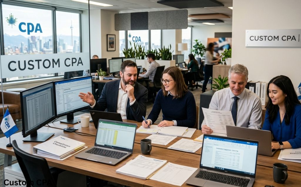 Custom CPA, Compilation Engagement expert team working in the office, Canada