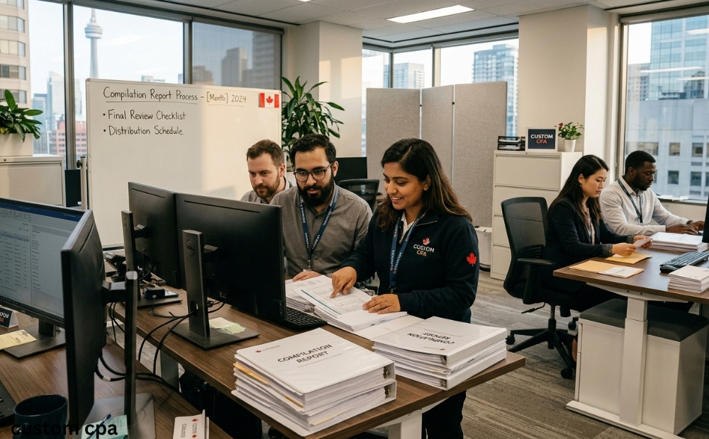 Custom CPA, Compilation Report Distribution team working in the office, Canada