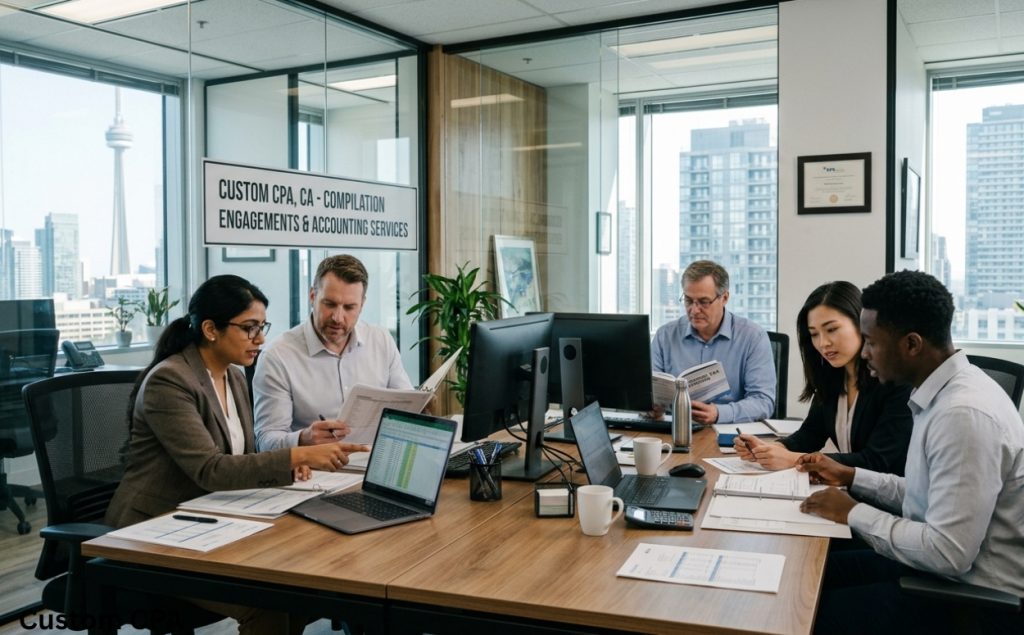 Custom CPA, Compilation engagement professionals team working in the office, Canada