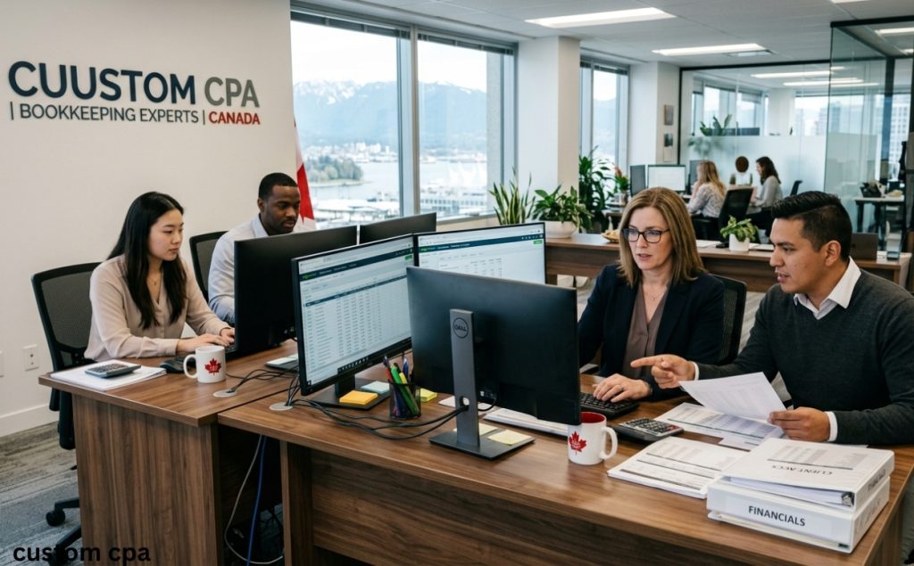Custom CPA, bookkeeping expert services team working in the office, Canada