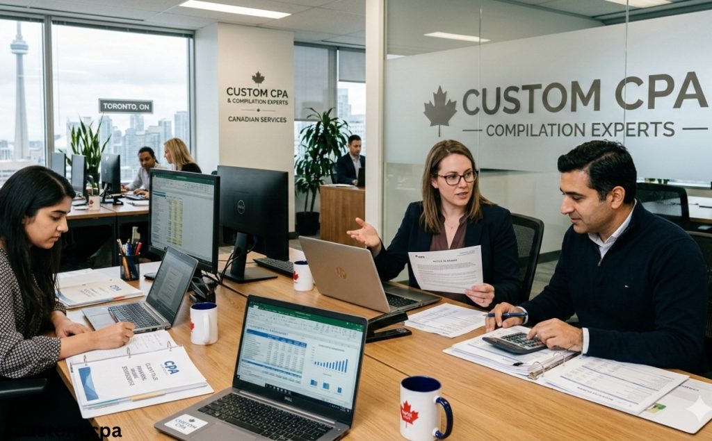 Custom CPA, Compilation expert team working in the office, Canada