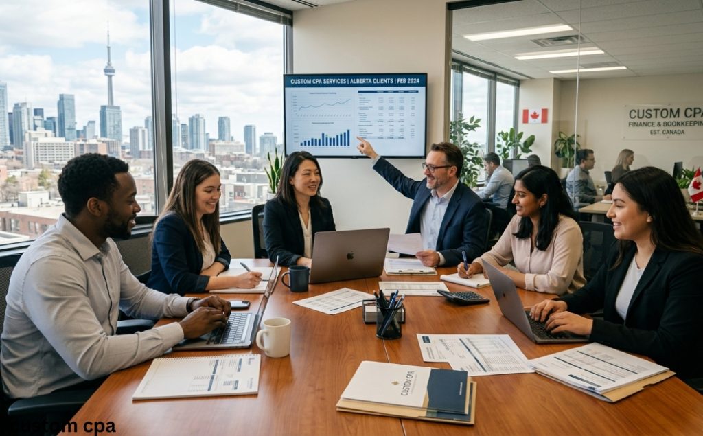 Custom CPA, finaance n bookkeeping expert services team working in the office, Canada