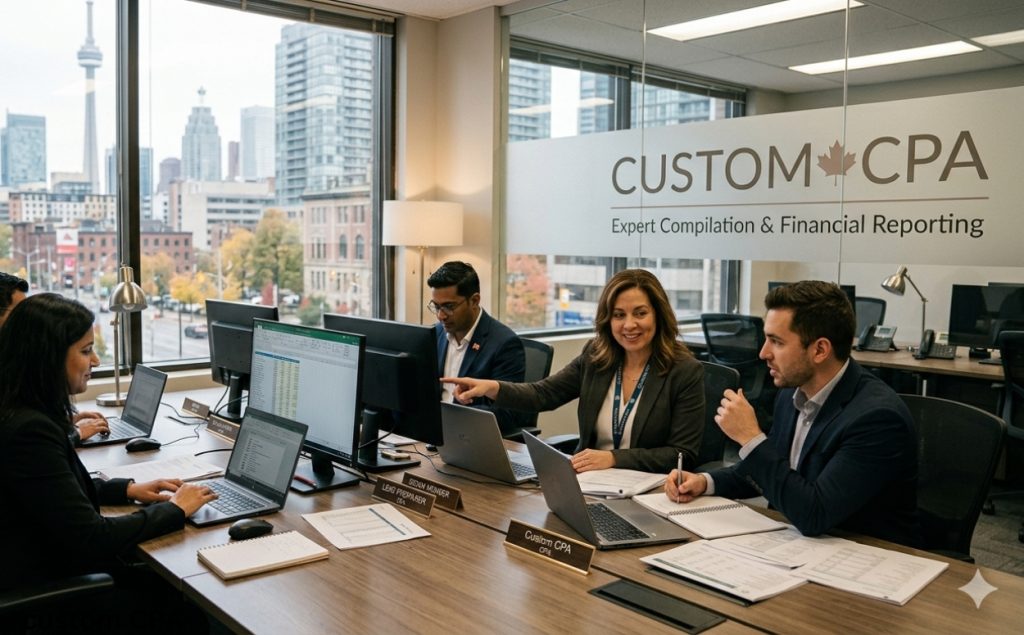 Custom CPA , Expert compilation preparers team working in the office, Canada