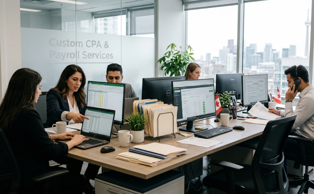 Custom CPA, payroll bookeeping expert team working in the office, Canada