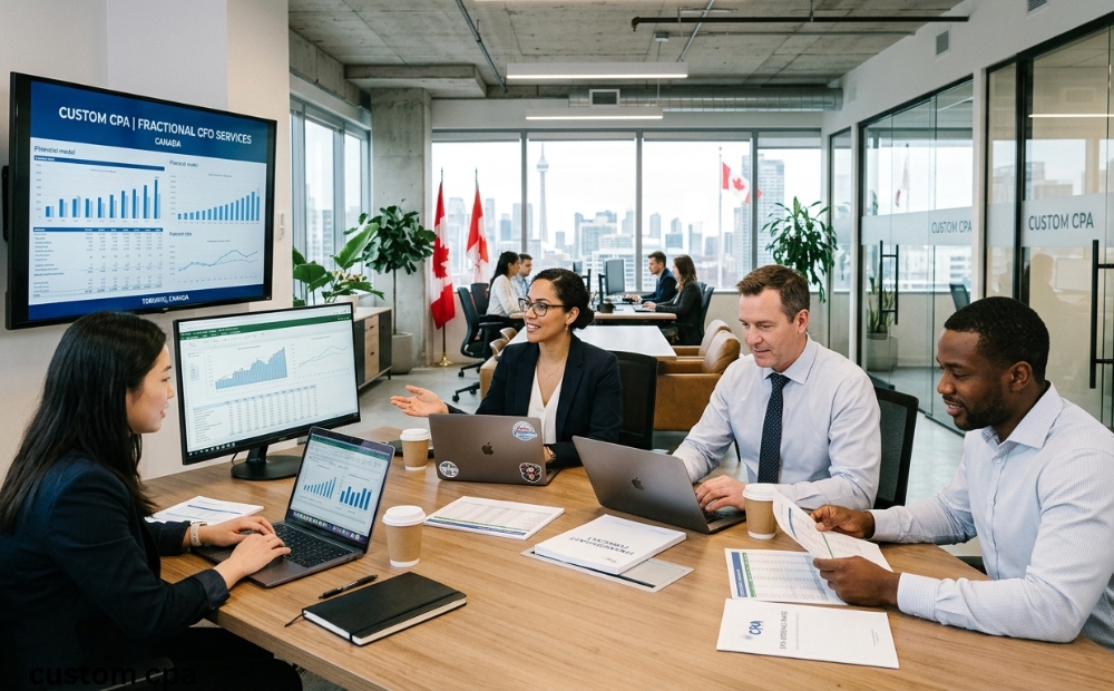 Custom CPA, Fractional CFO Services team working in office Canada