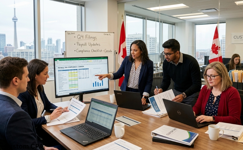 Custom CPA, Payroll Tax Compliance team working in the office, Canada