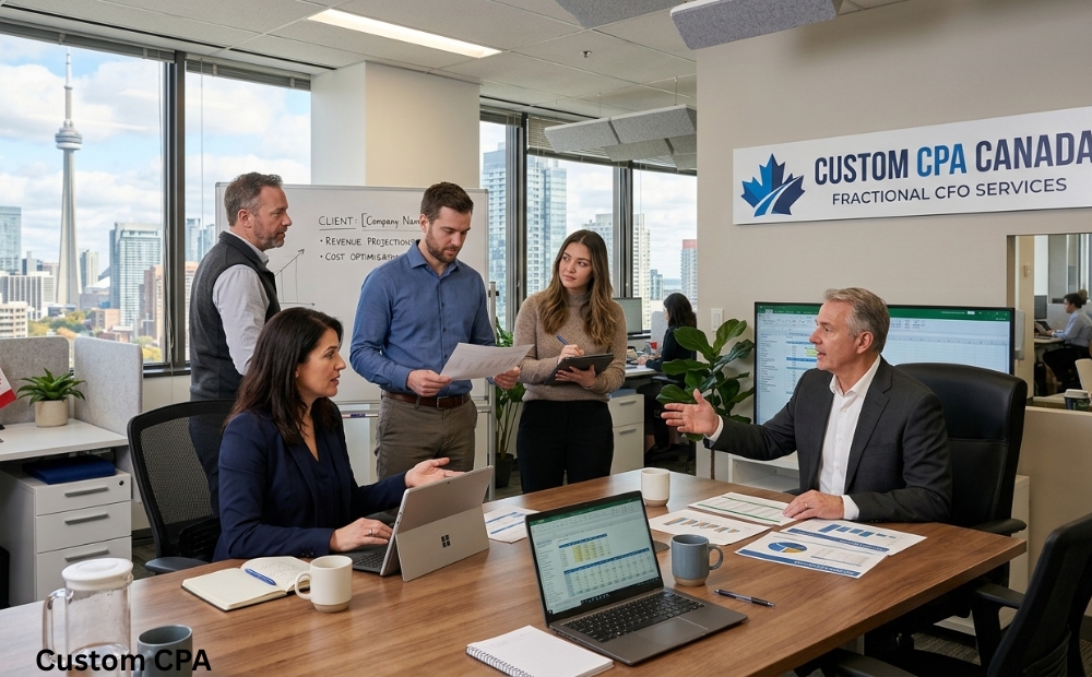 Custom CPA Canada, a fractional CFO services team working in the office in Canada