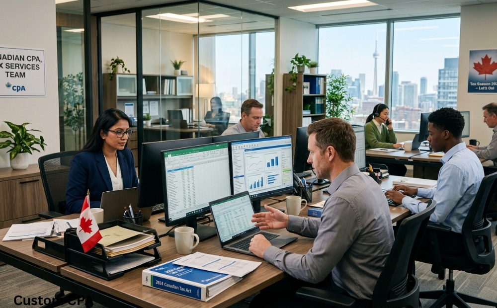Custom CPA,Tax Services team working in the office in Canada