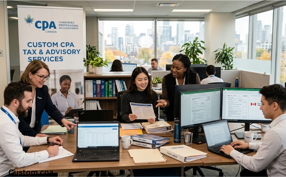 Custom CPA Canada, tax services setup services team working in the office, Canada