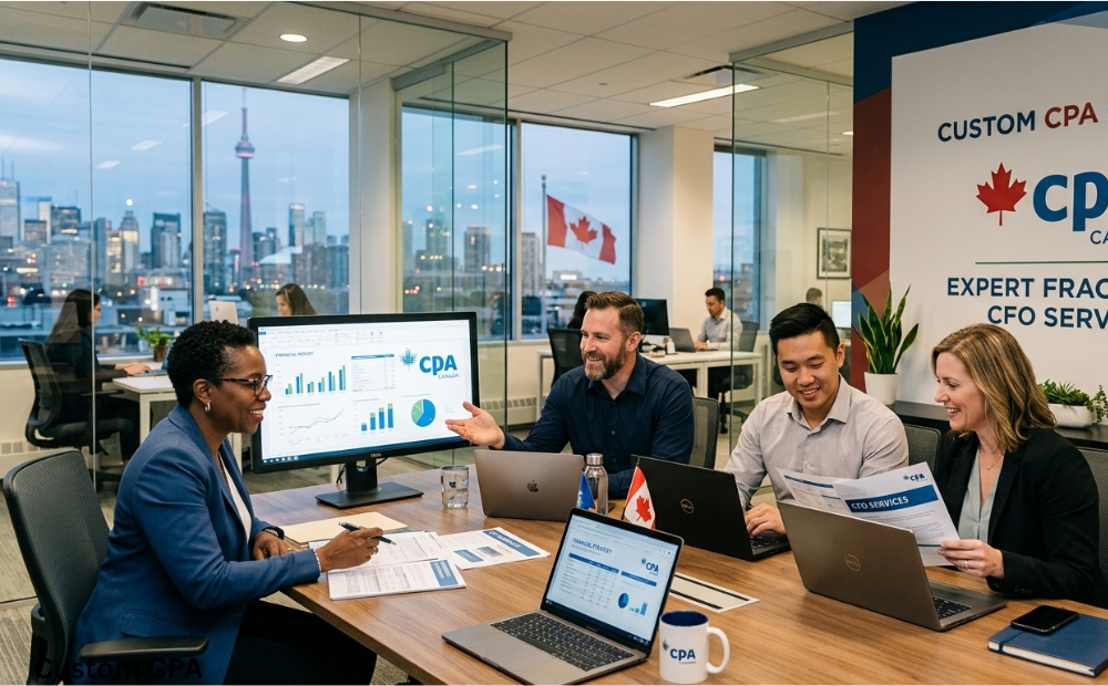 Custom CPA Canada, expert fractional CFO services team working in the office, CANADA