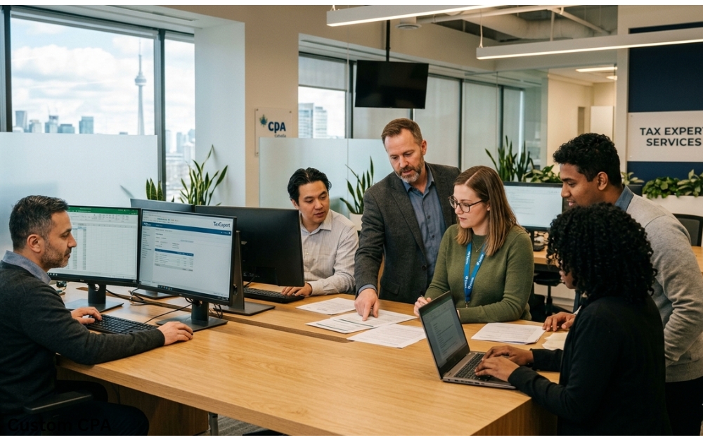 Custom CPA canada , Tax Expert Services team working in the office, Canada