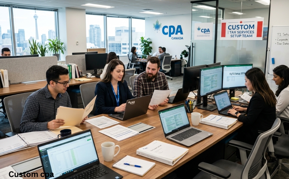 Custom CPA Canada, tax services setup services team working in the office, Canada