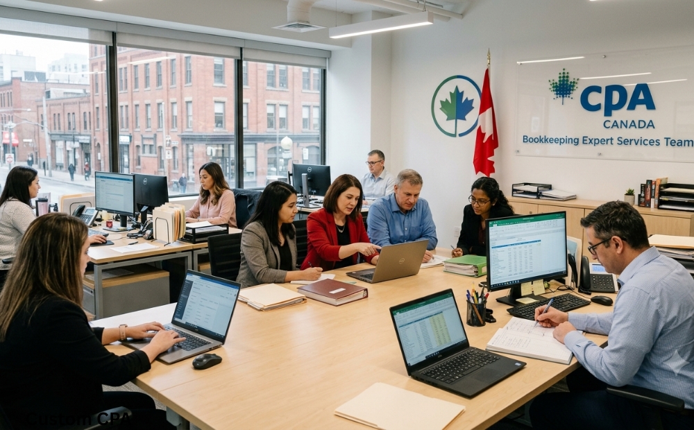 Custom CPA Canada, bookkeeping expert services team working in the office, Canada