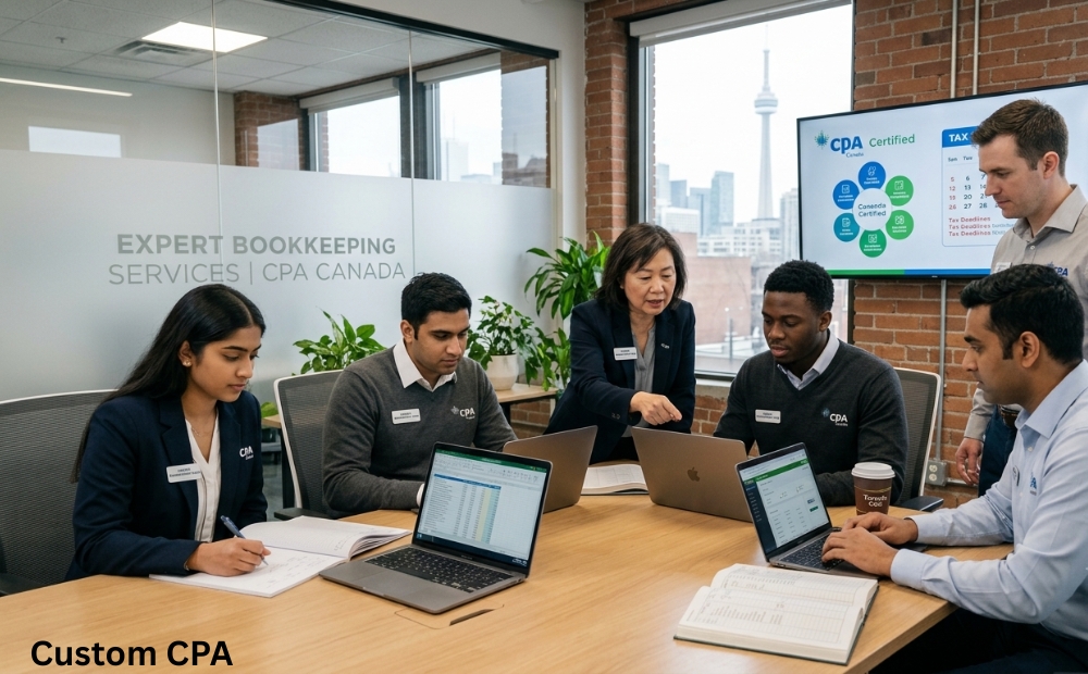 Custom CPA Canada, expert bookkeeping services team working in the office, Canada