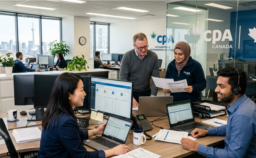 Custom CPA Canada, bookkeeping services team working in the office, Canada
