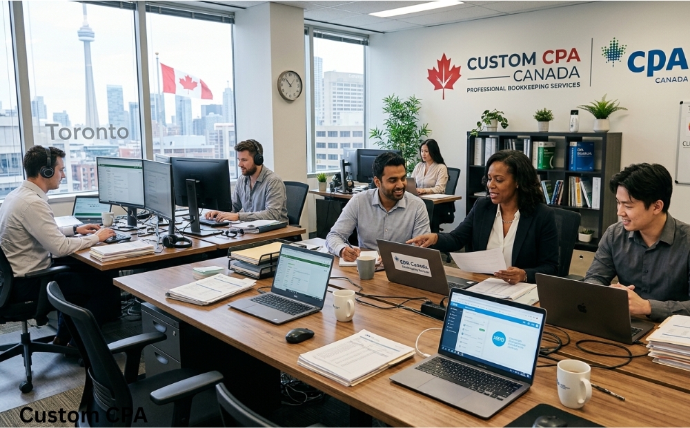 Custom CPA Canada, bookkeeping services team working in the office, Canada