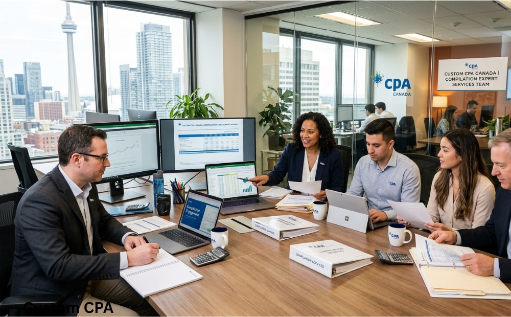 Custom CPA Canada, Compilation expert services team working in the office, Canada
