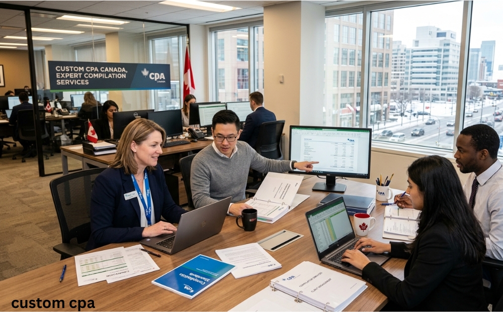Custom CPA Canada, expert Compilation Services team working in the office, Canada