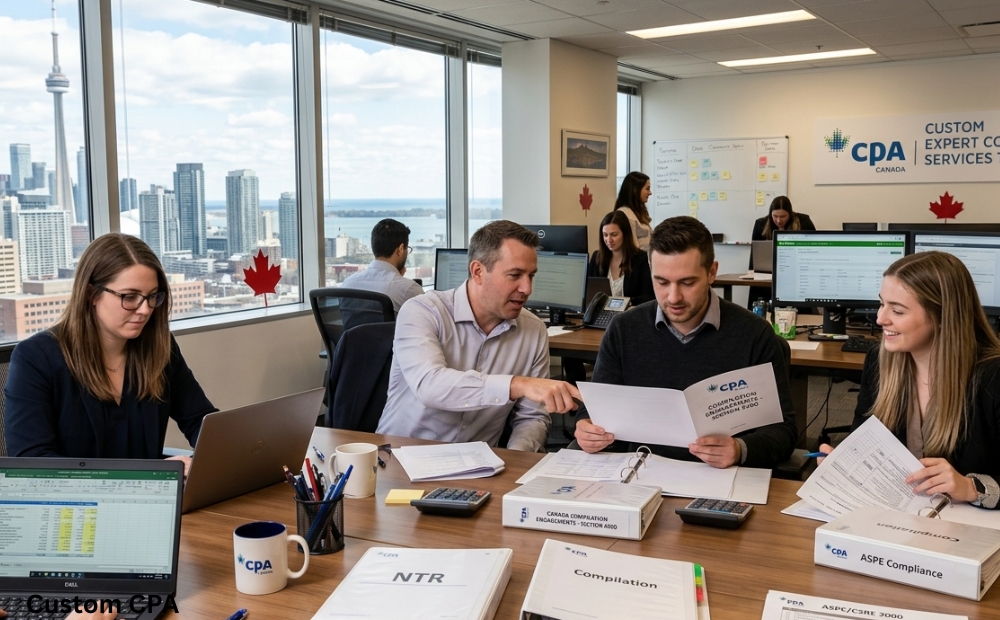 Custom CPA Canada, expert Compilation services team working in the office, Canada