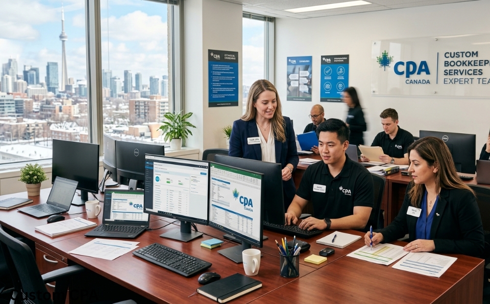 Custom CPA Canada, expert Bookkeeping Services team working in the office, Canada