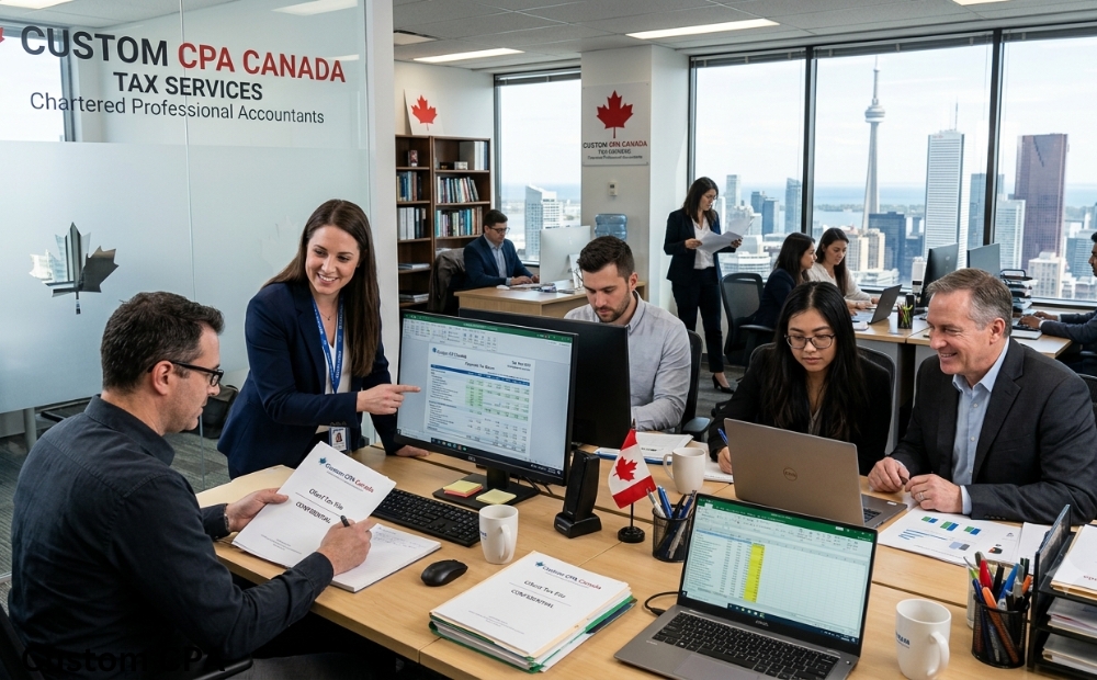 Custom CPA Canada, Tax services team working in the office, Canada