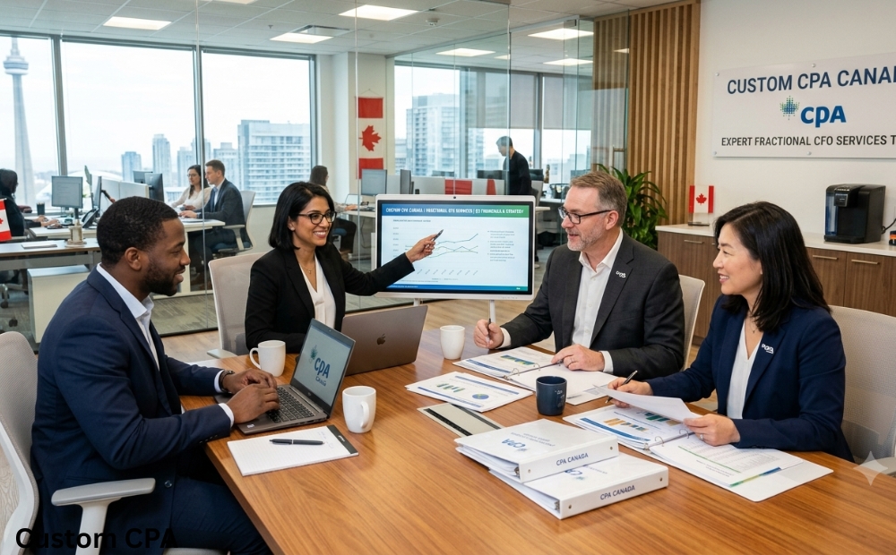 Custom CPA Canada, expert fractional CFO Services team working in the office, Canada
