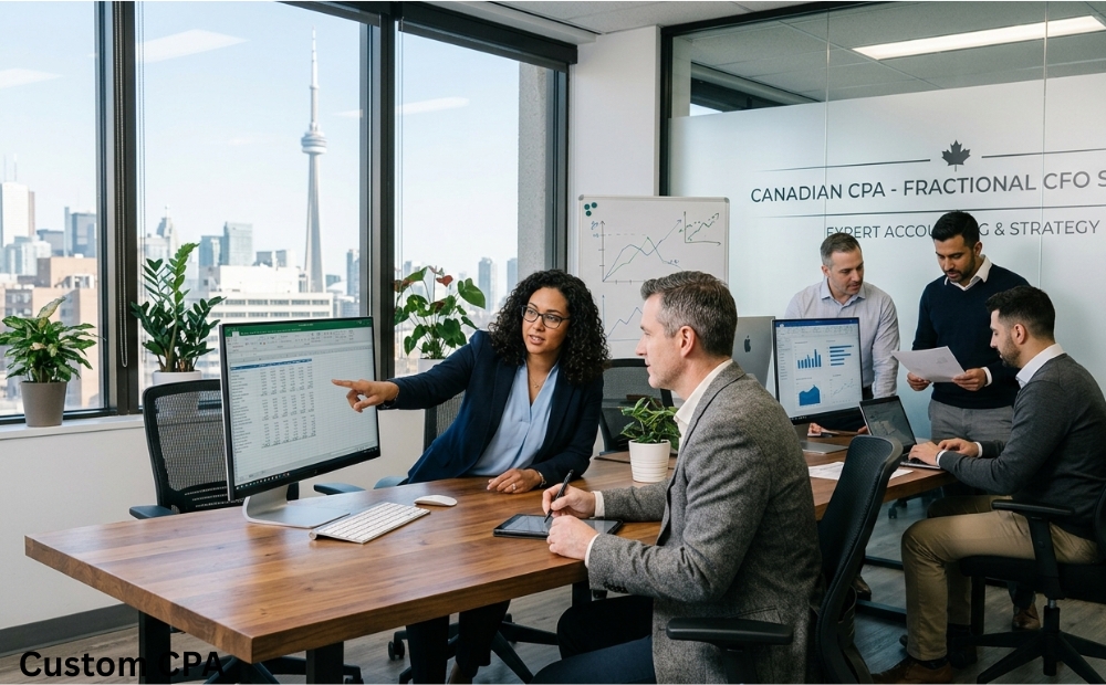 Custom CPA Canada, expert fractional CFO services team working in the office, Canada