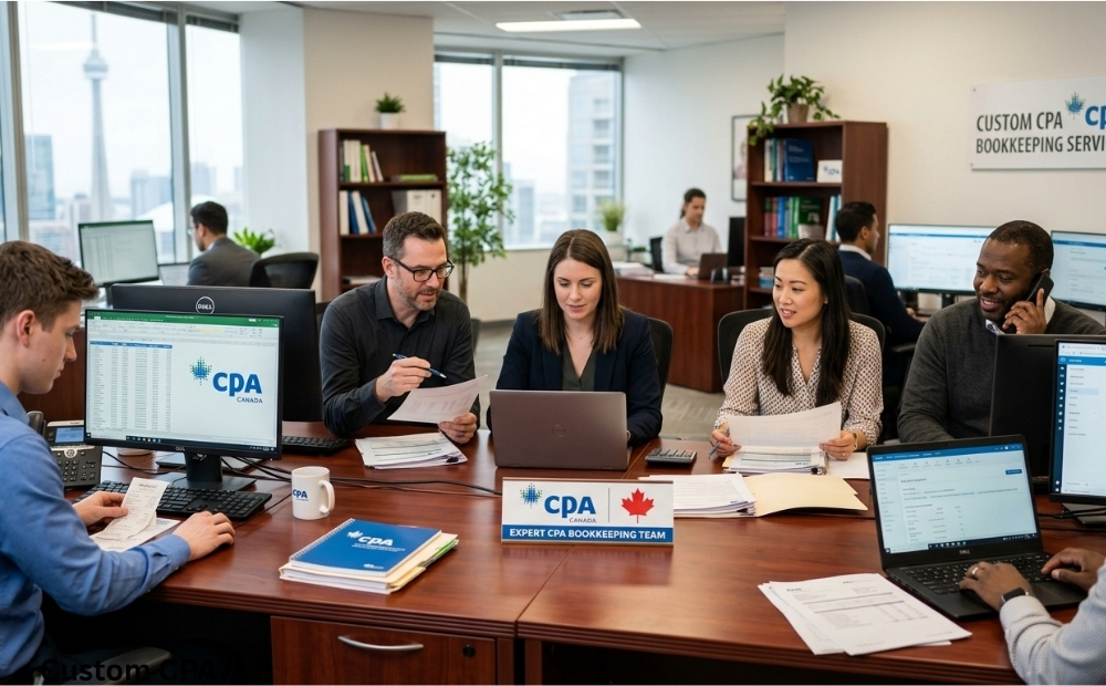 Custom CPA Canada, expert Bookkeeping services team working in the office, Canada