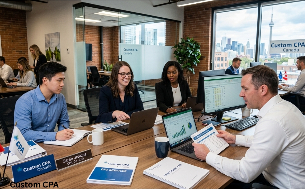 Custom CPA Canada, fractional CFO services team working in the office, Canada