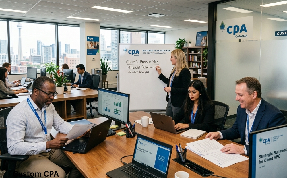 Custom CPA Canada, business plan services team working in the office, Canada