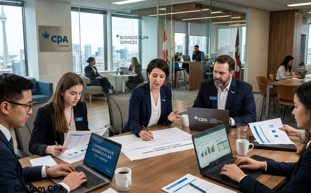 Custom CPA Canada, expert business plan services team working in the office, Canada