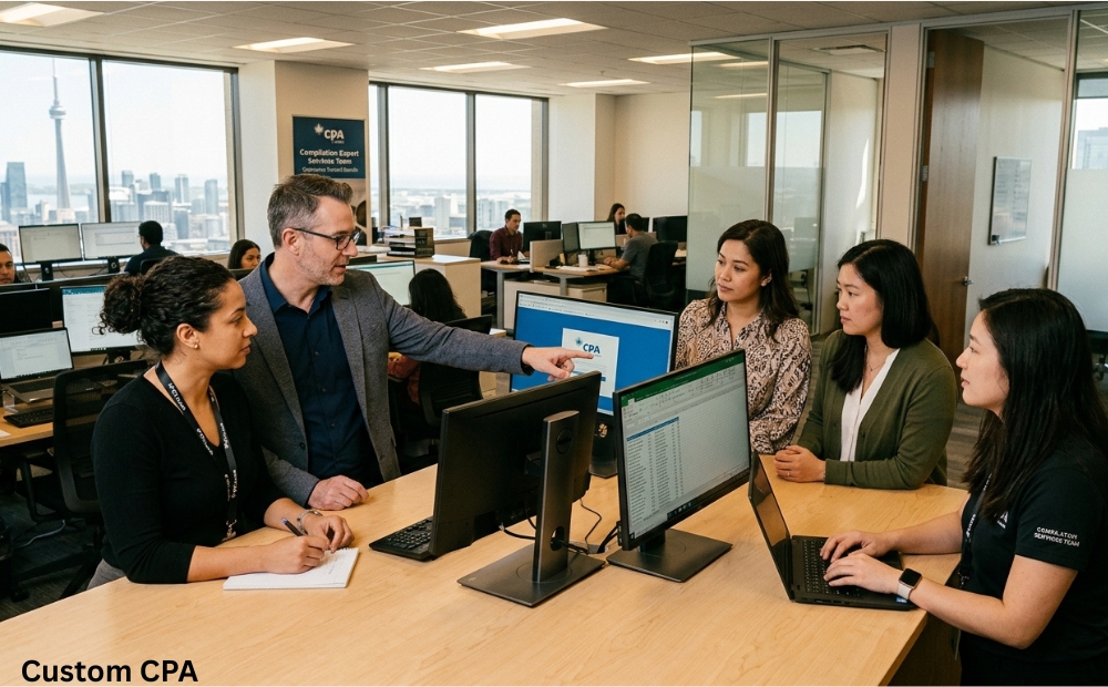 Custom CPA Canada, compilation expert services team working in the office, Canada