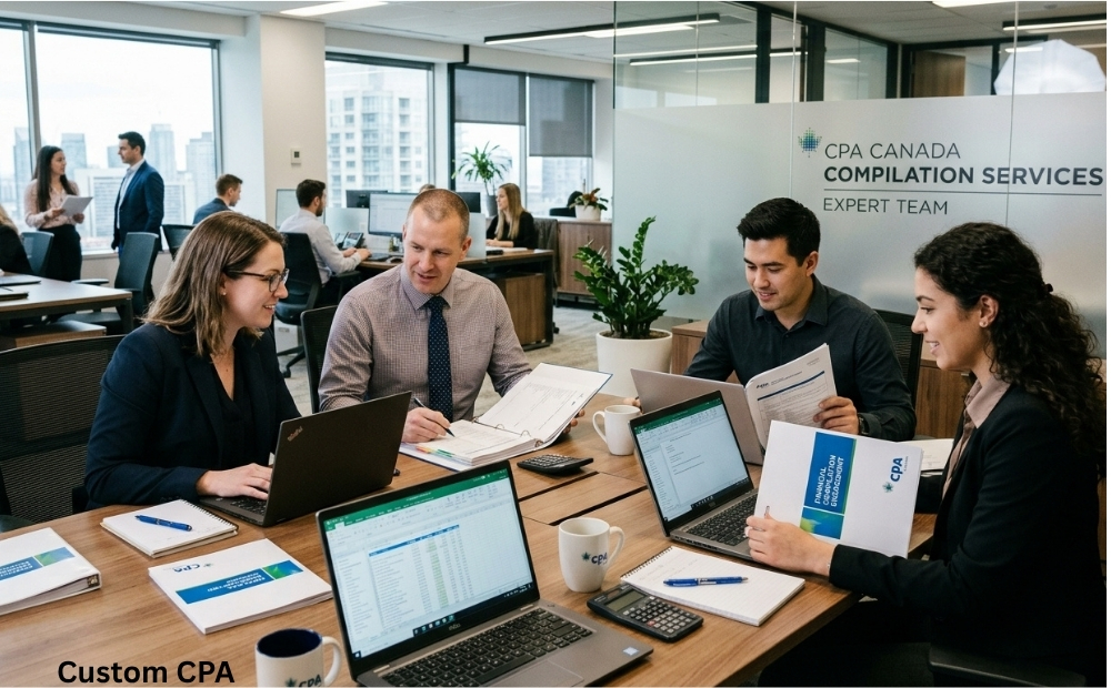 Custom CPA Canada, expert compilation services team working in the office, Canada