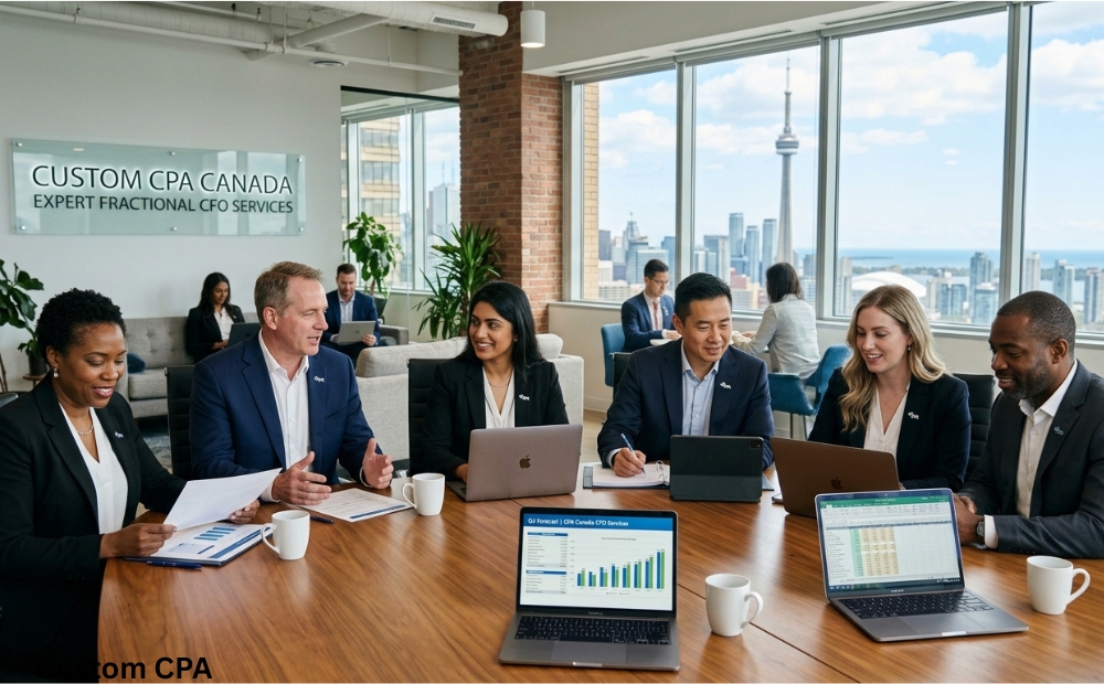 Custom CPA Canada, expert fractional CFO services team working in the office, Canada