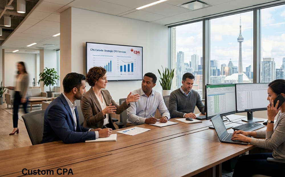 Custom CPA Canada, expert CFO Services team working in the office, Canada