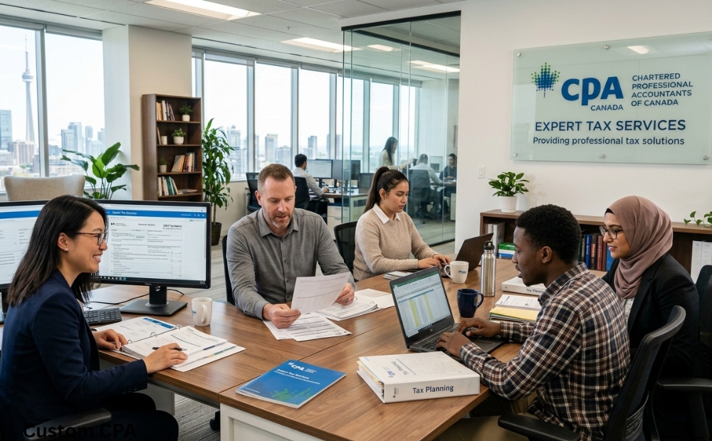 Custom CPA Canada, expert Tax services team working in the office, Canada