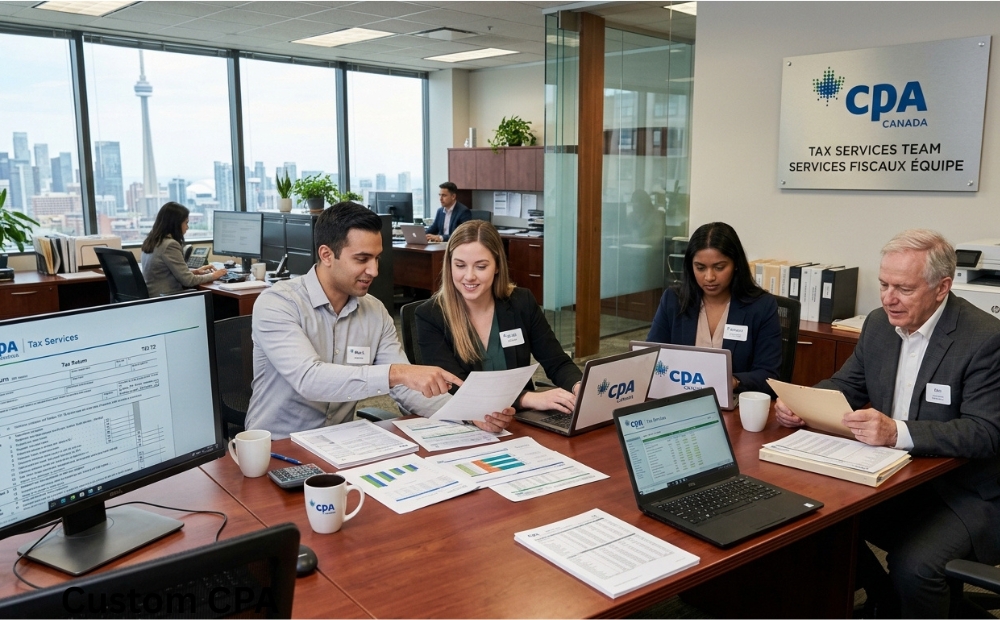 Custom CPA Canada, Tax services team working in the office, Canada