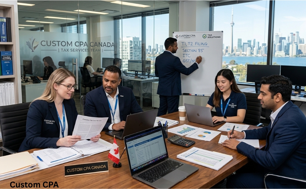 Custom CPA Canada, tax expert services team working in the office, Canada
