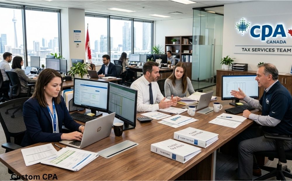Custom CPA Canada, Tax services team working in the office, Canada