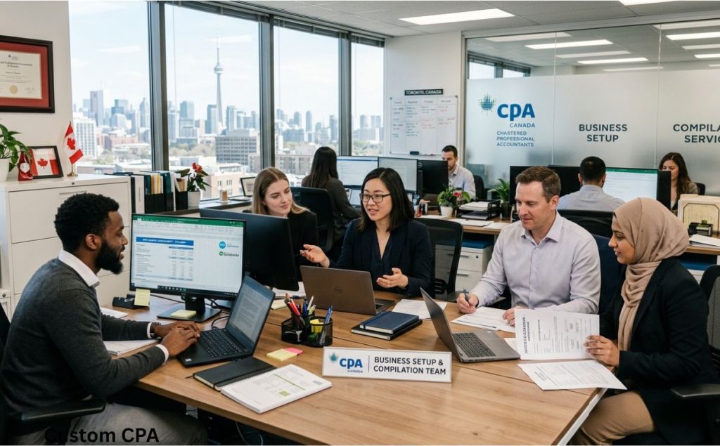 Custom CPA Canada, compilation business setup team working in the office, Canada