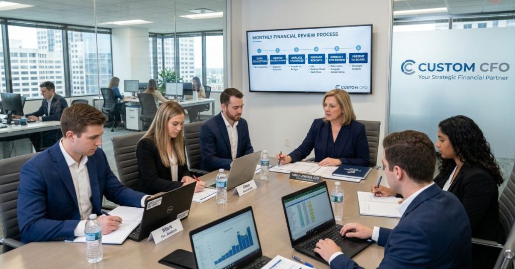 There is meeting regarding Monthly Financial Review Process with CFO